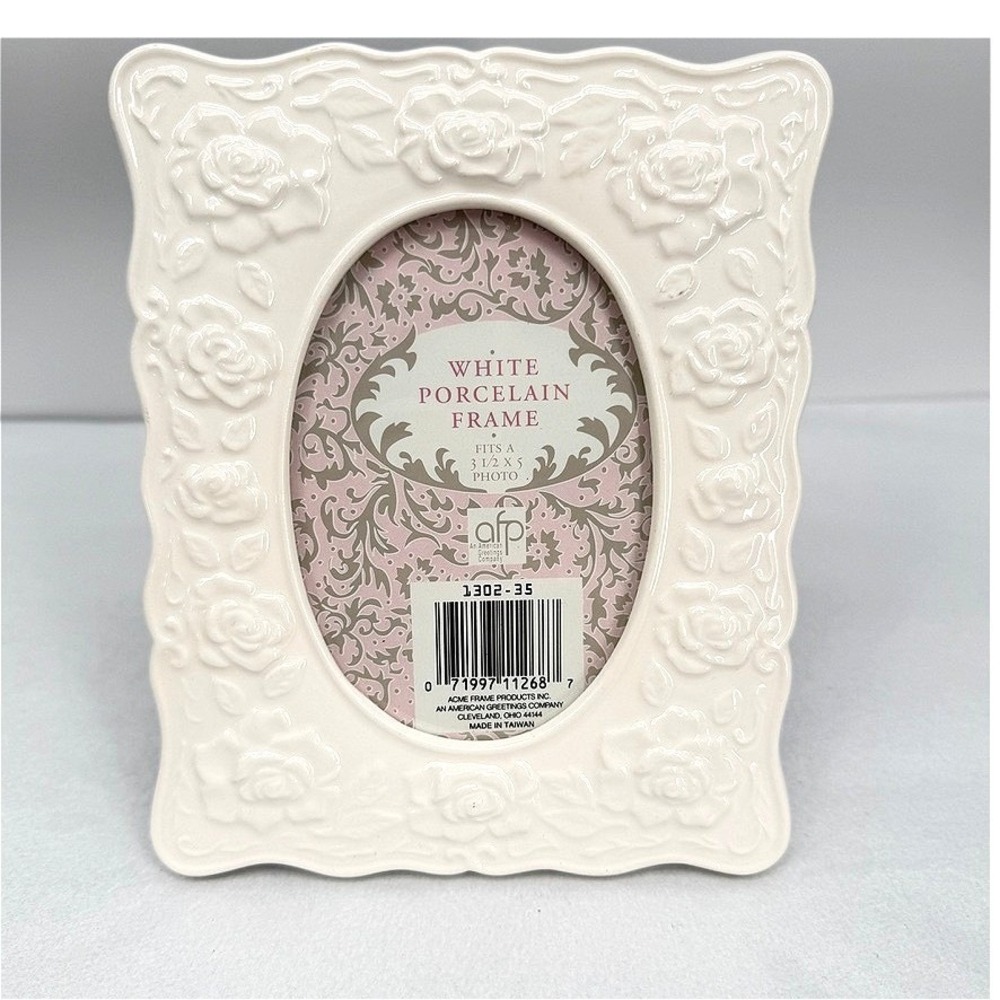 American Greetings White Porcelain Frame Floral Rose Embossed Cottagecore 3.5x5